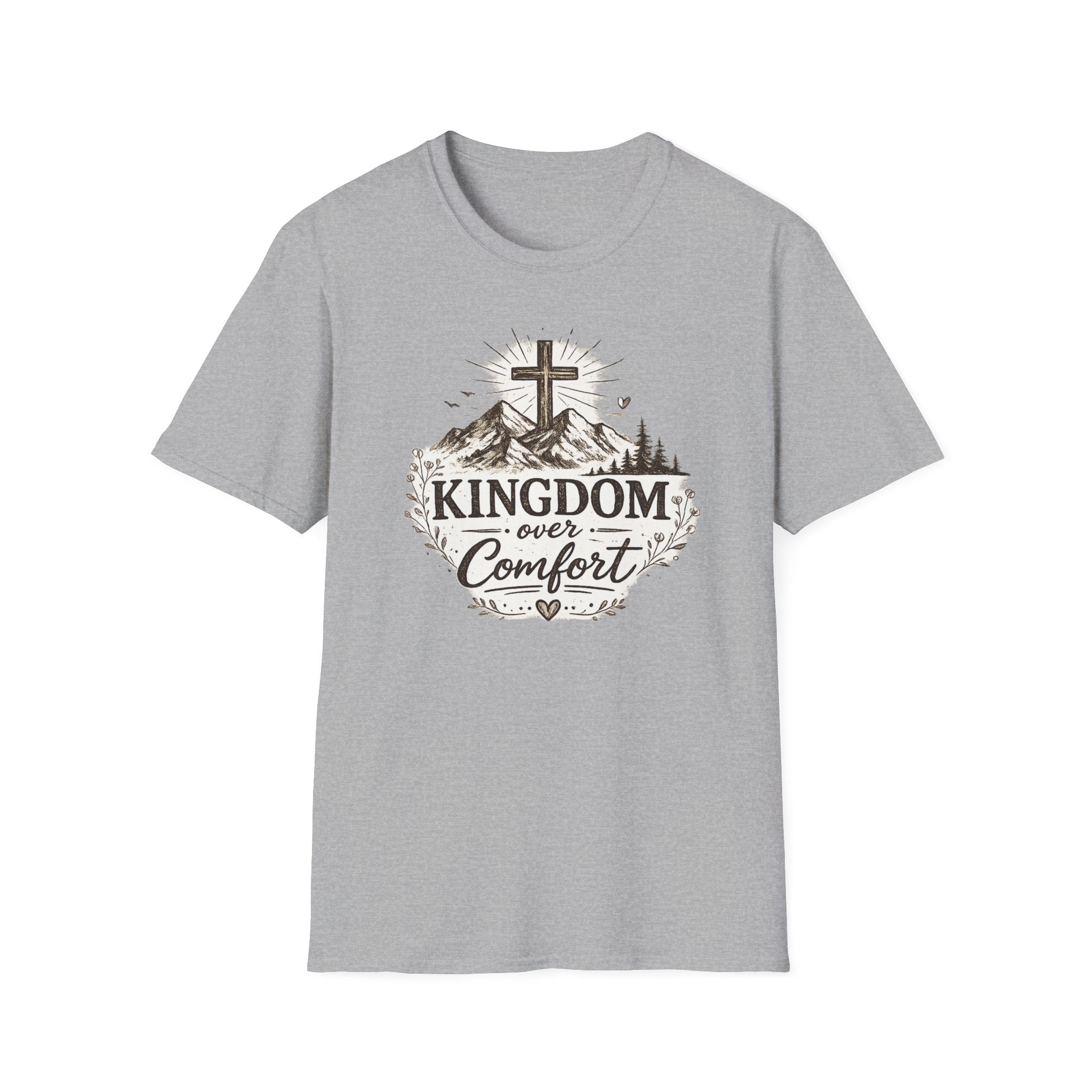 Kingdom Over Comfort Christian T-Shirt – Faith Cross Mountain Graphic