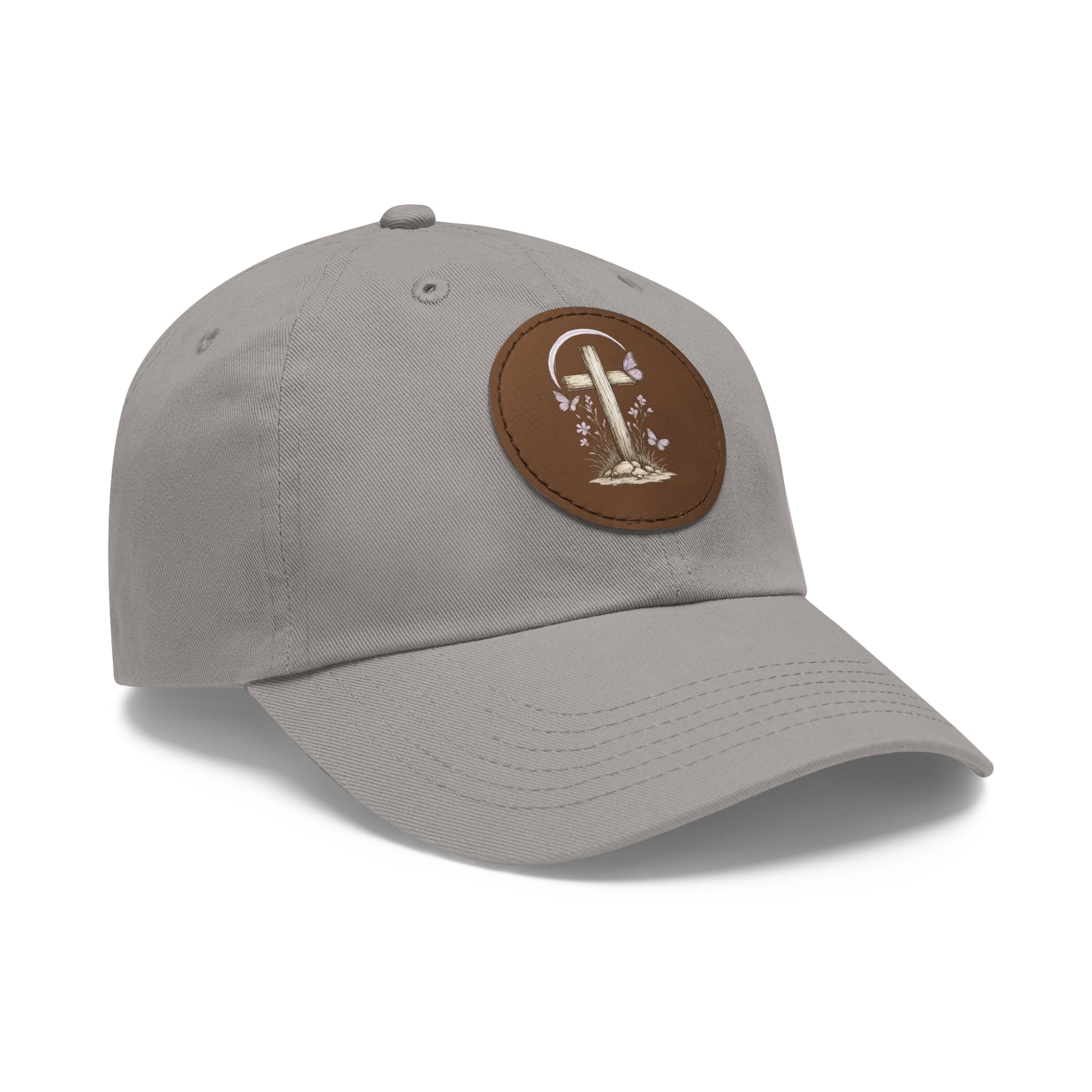 Dad Hat — Round Leather Patch Cross & Flowers Embroidered Design