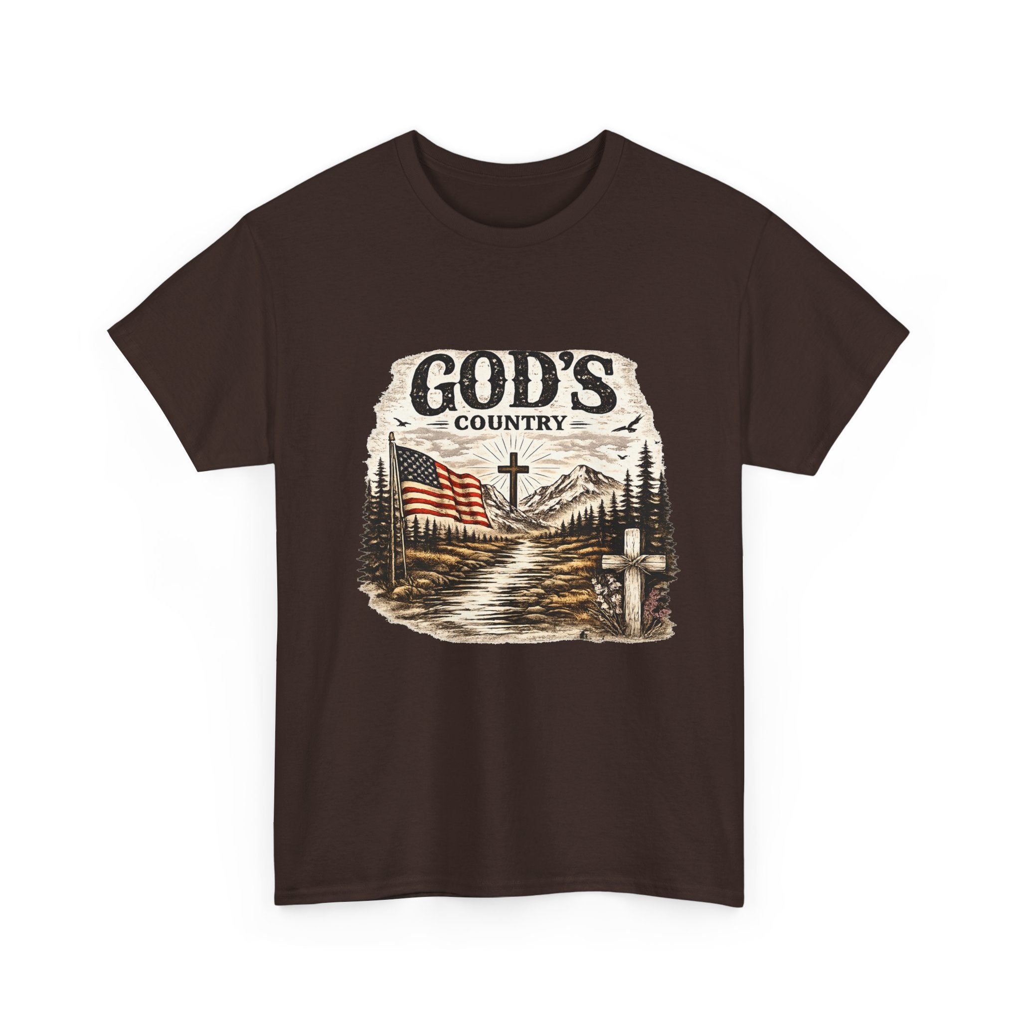 God's Country T-Shirt — American Flag, Cross & Rustic Mountain Vintage Graphic Tee
