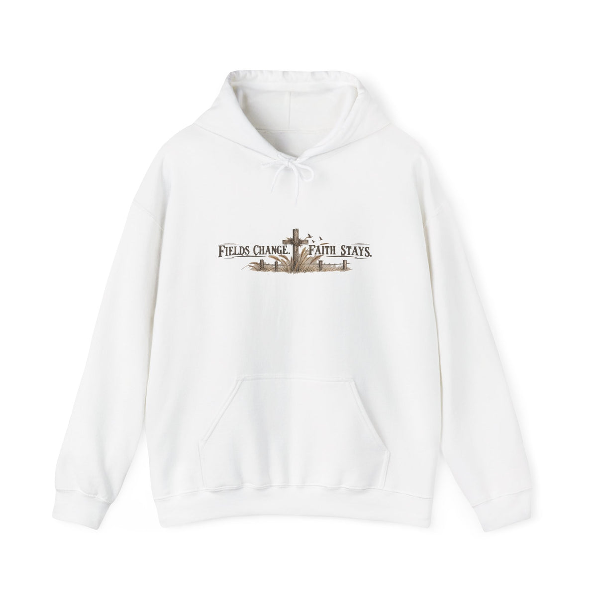 Faith Farm Hoodie — "Fields Change, Faith Stays" Cross Design
