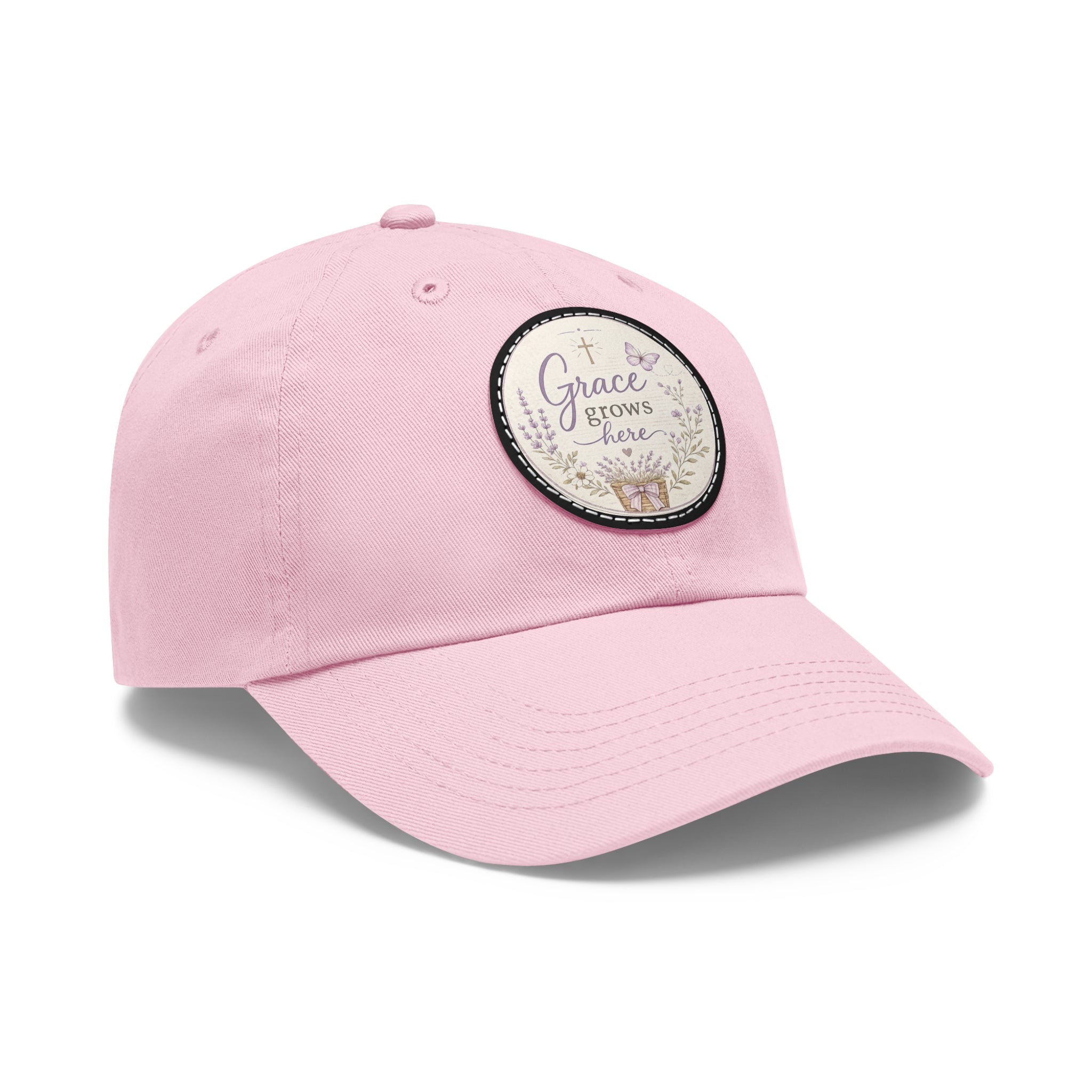 Grace Grows Here Dad Hat — Embroidered Round Leather Patch Christian Baseball Cap