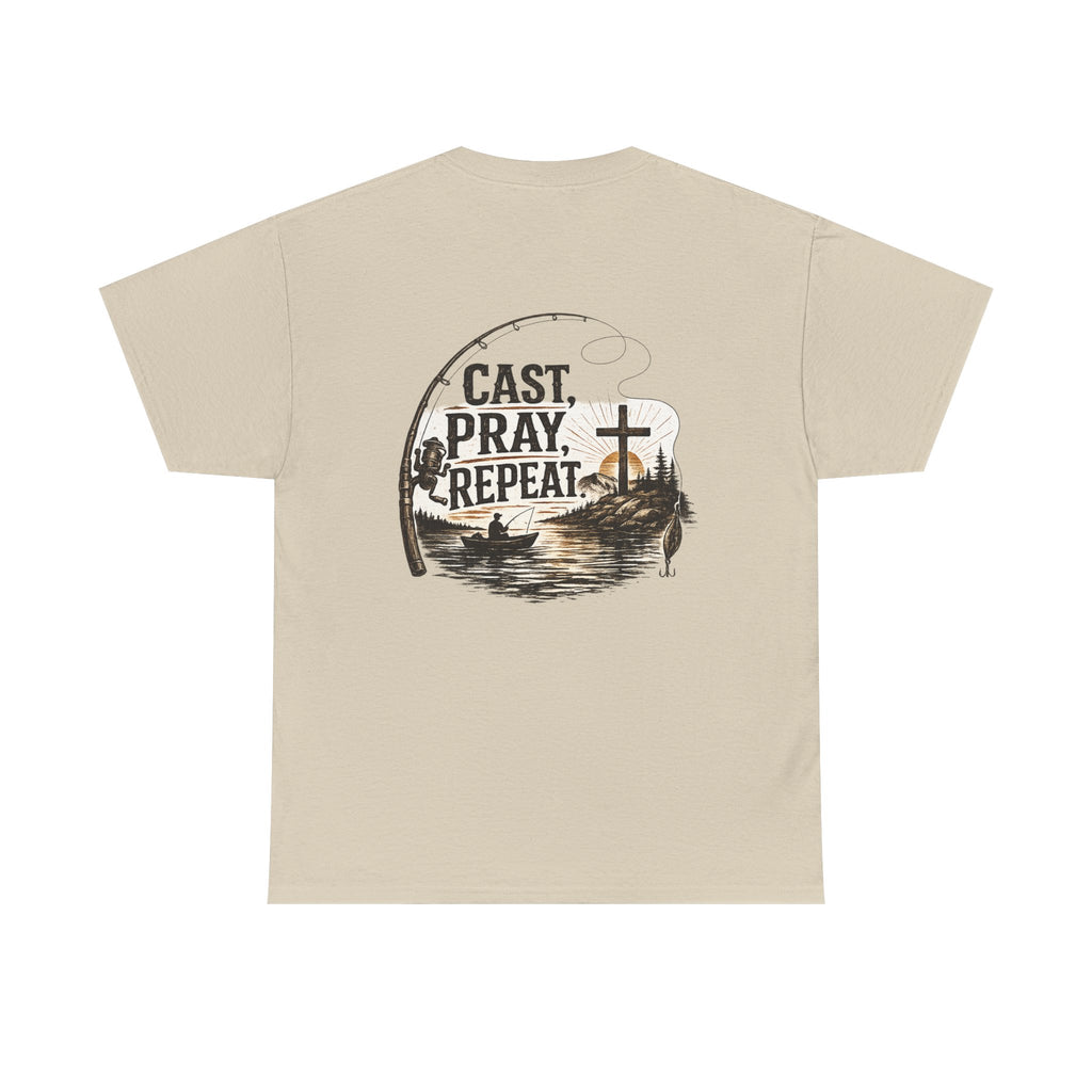 Fishing T‑Shirt — "Cast. Pray. Repeat." Christian Fishing Tee