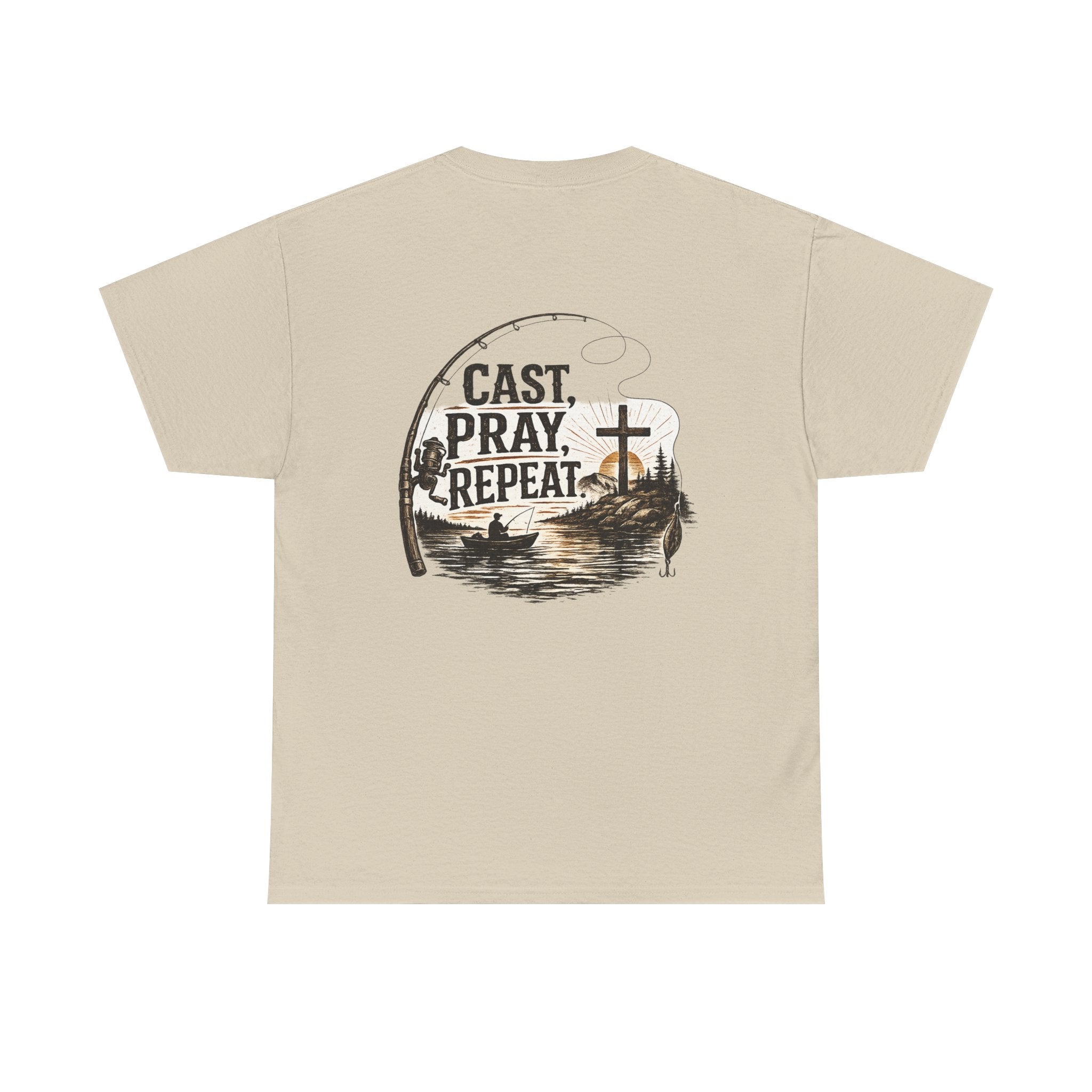 Fishing T‑Shirt — "Cast. Pray. Repeat." Christian Fishing Tee