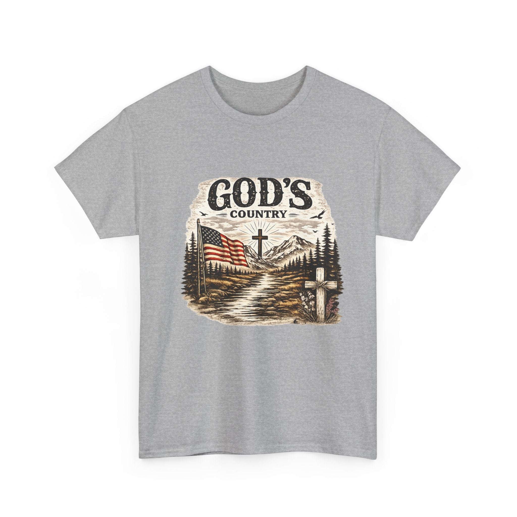 God's Country T-Shirt — American Flag, Cross & Rustic Mountain Vintage Graphic Tee