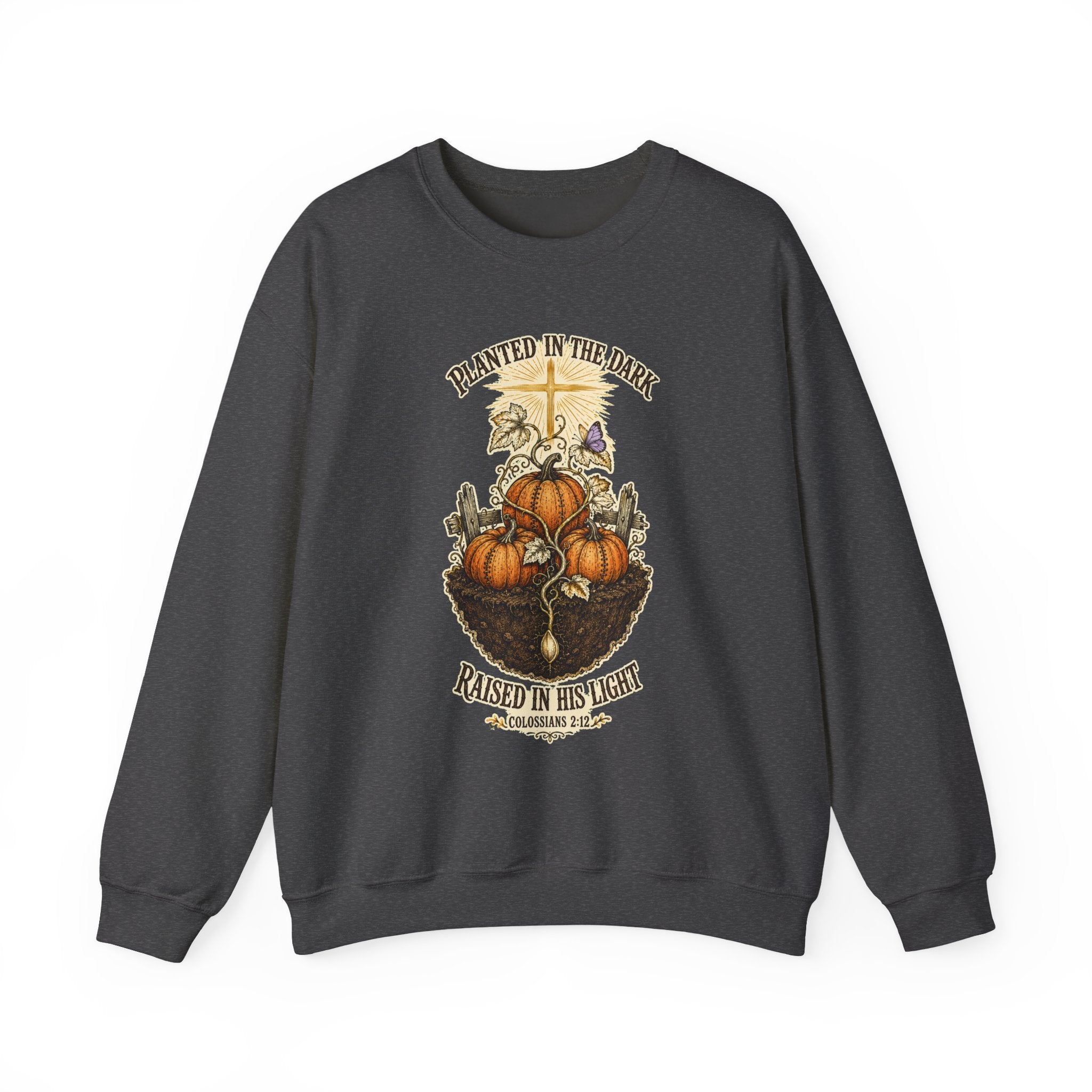 Autumn Pumpkin Crewneck Sweatshirt — "Planted in the Dark, Raised in His Light" Fall Christian Pullover