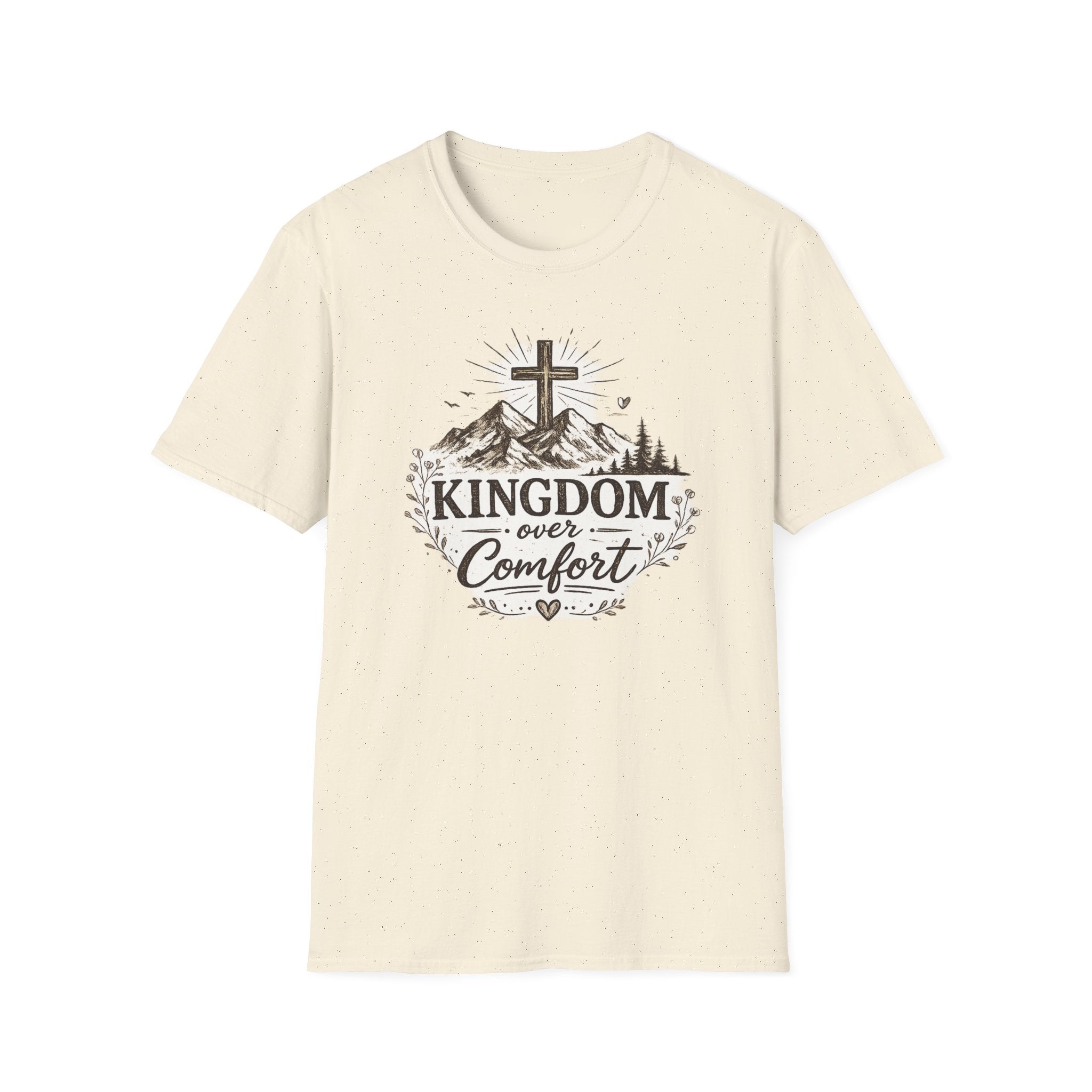 Kingdom Over Comfort Christian T-Shirt – Faith Cross Mountain Graphic