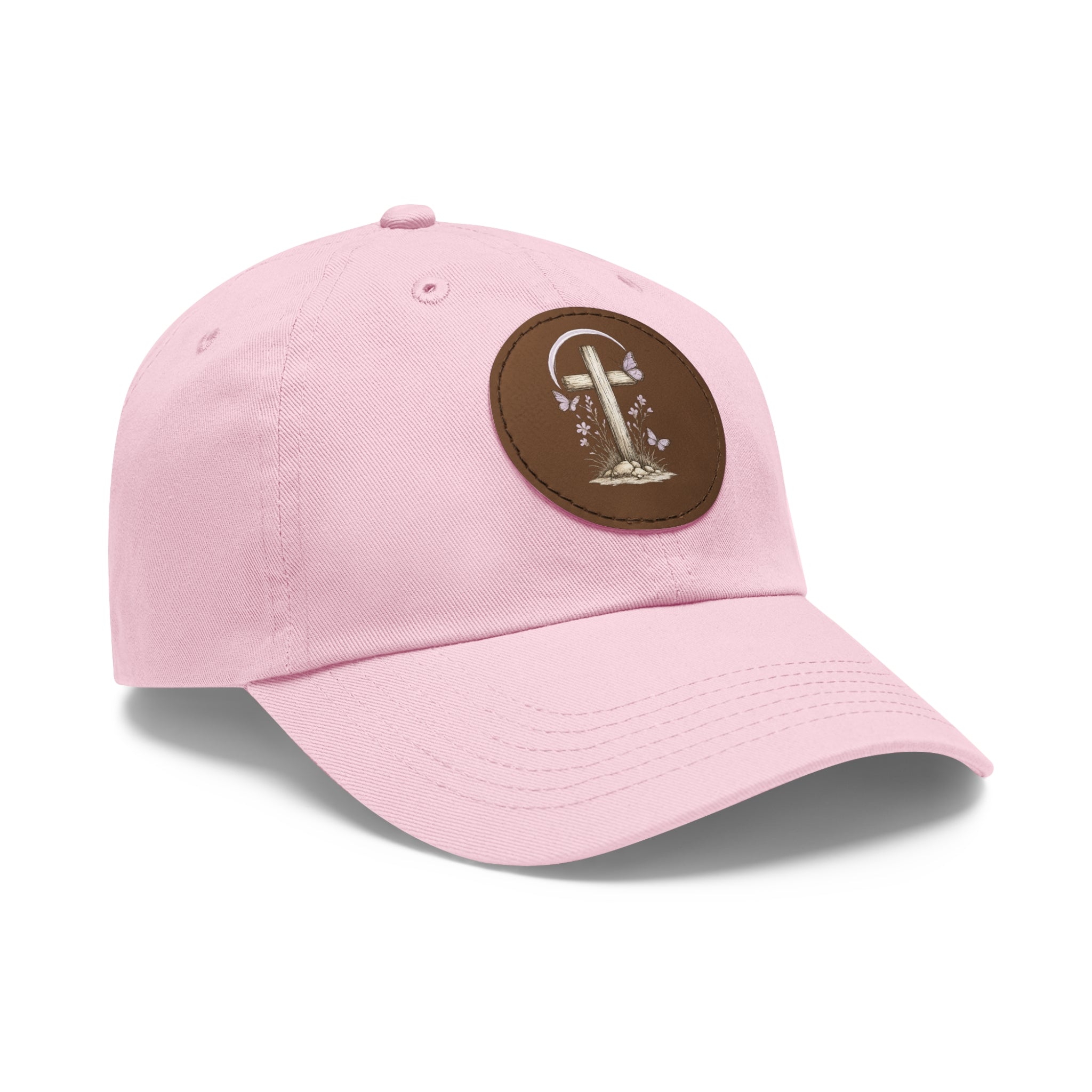Dad Hat — Round Leather Patch Cross & Flowers Embroidered Design