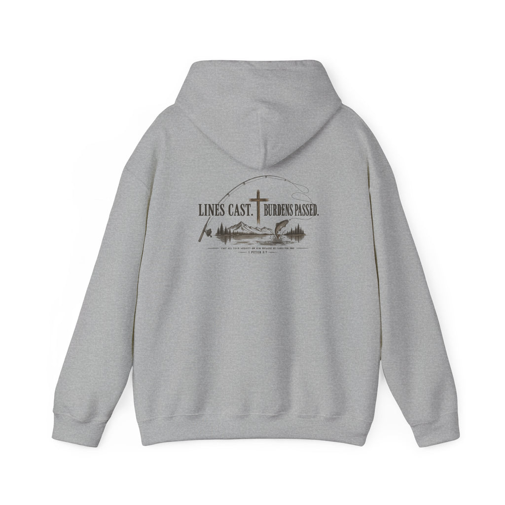 Fishing Hoodie – “Lines Cast, Burdens Passed” Outdoor Angler Pullover
