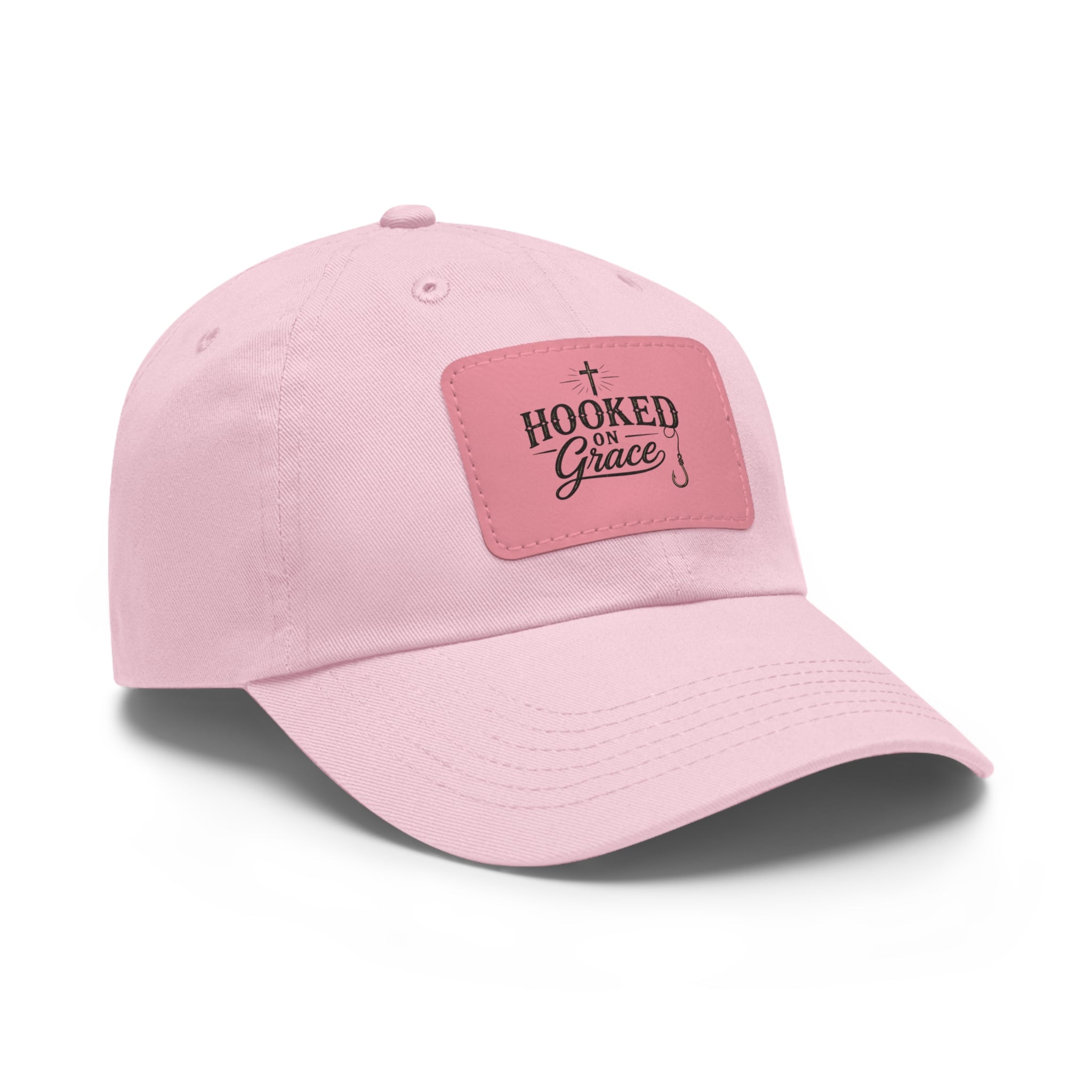 Hooked on Grace Leather Patch Dad Hat — Fishing Faith Embroidered Cap