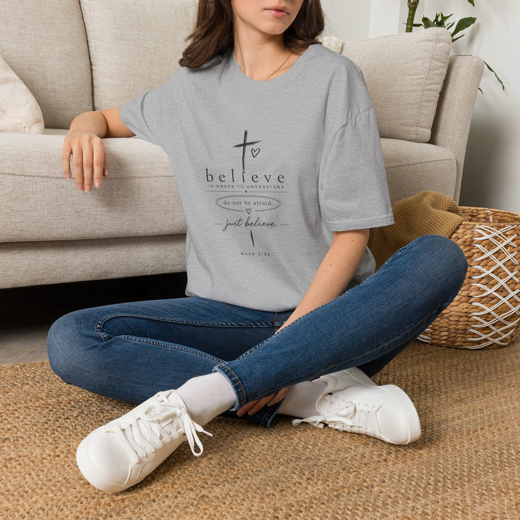 Believe Cross T‑Shirt — 'Believe in Order to Understand' Christian Faith Tee