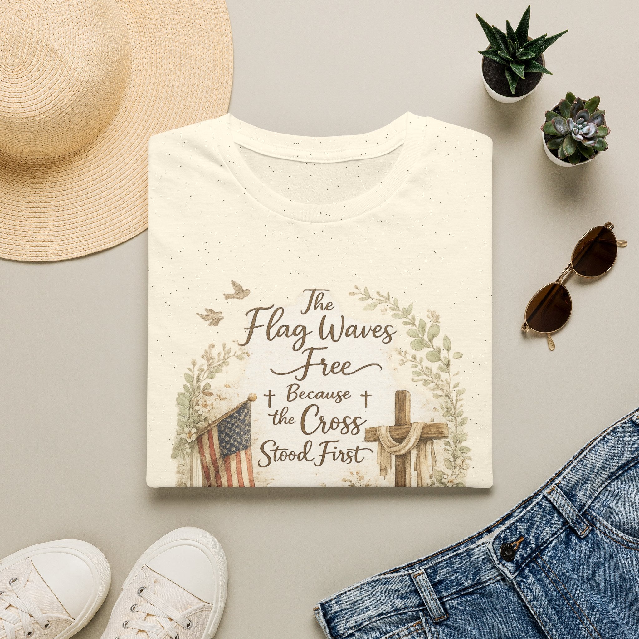 Christian Patriotic T-Shirt — “The Flag Waves Free Because the Cross Stood First”