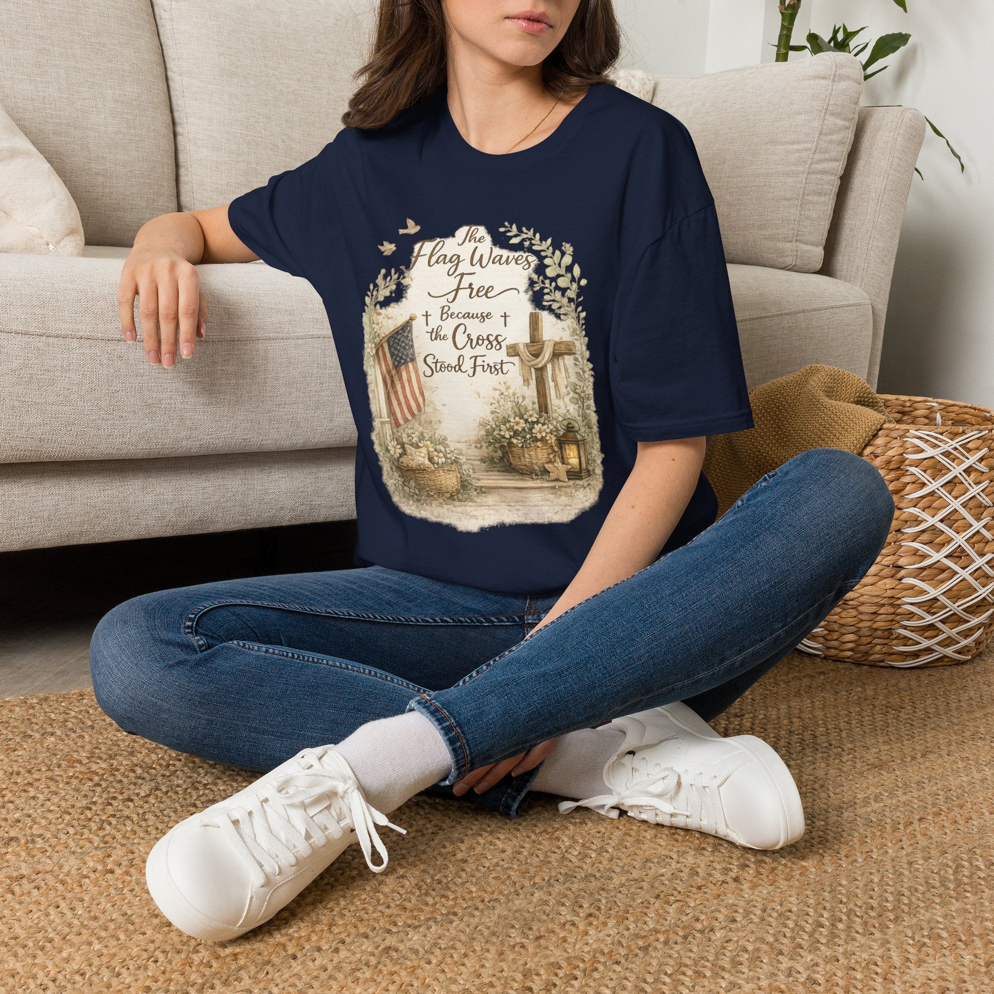 Christian Patriotic T-Shirt — “The Flag Waves Free Because the Cross Stood First”