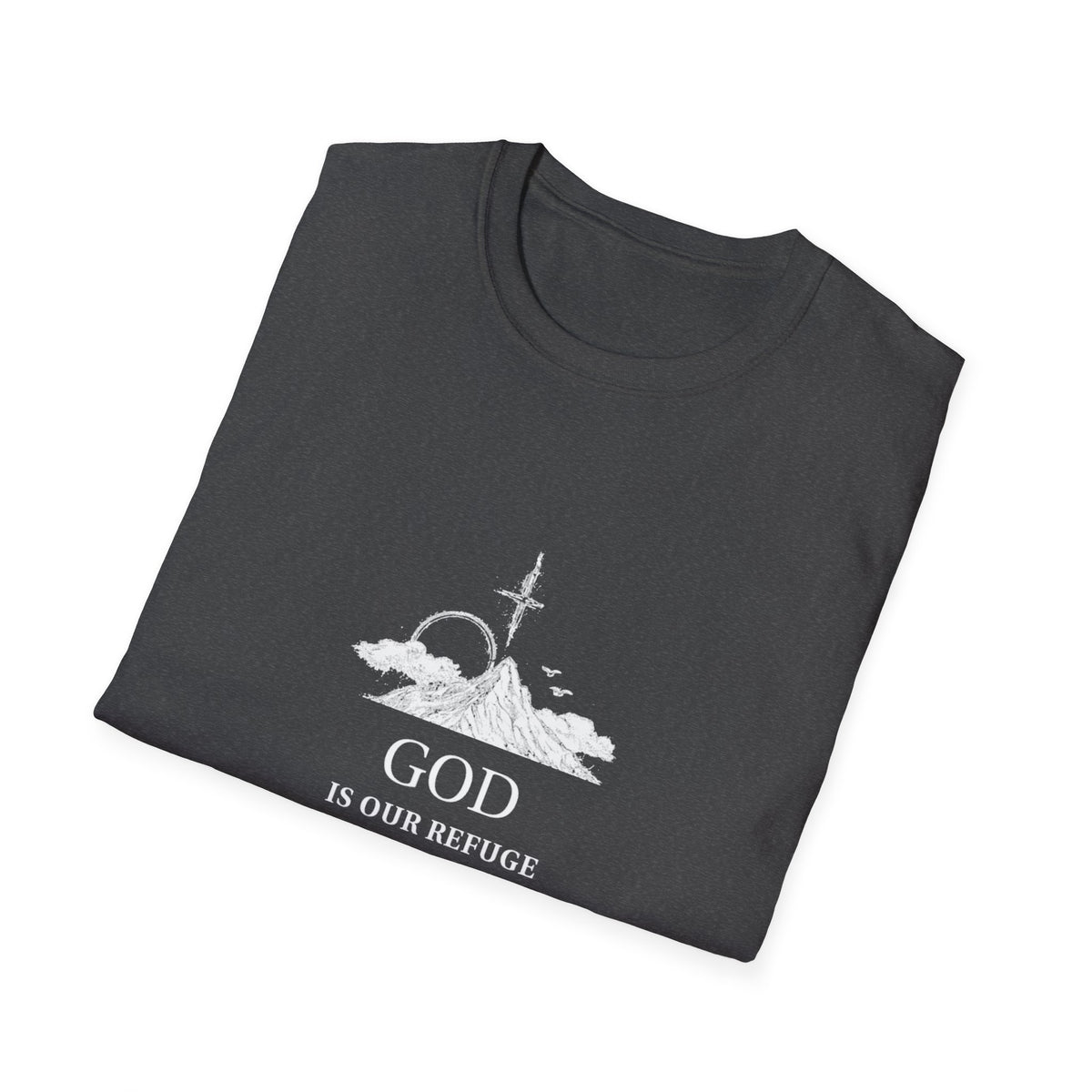 God Psalm 46:1 T-Shirt — Faith-Based Christian Tee with Cross & Mountain Design