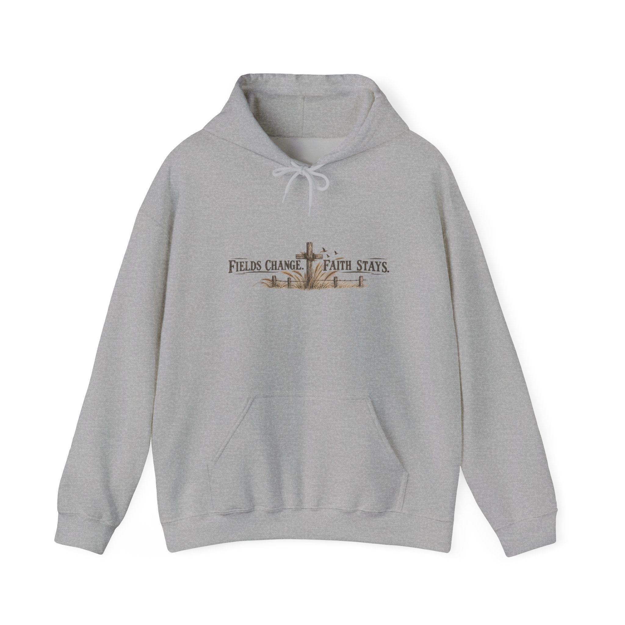 Faith Farm Hoodie — "Fields Change, Faith Stays" Cross Design