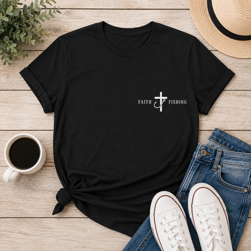 Faith & Fishing Cross T-Shirt — Christian Fishing Tee (Cast the Line, Trust the Anchor)