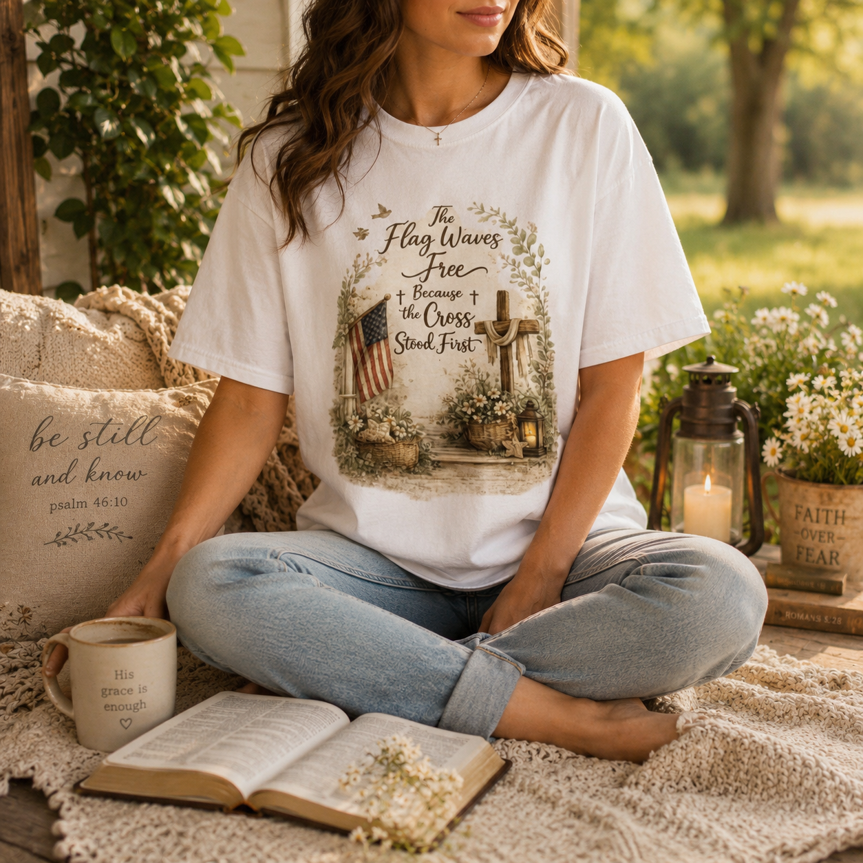 Christian Patriotic T-Shirt — “The Flag Waves Free Because the Cross Stood First”