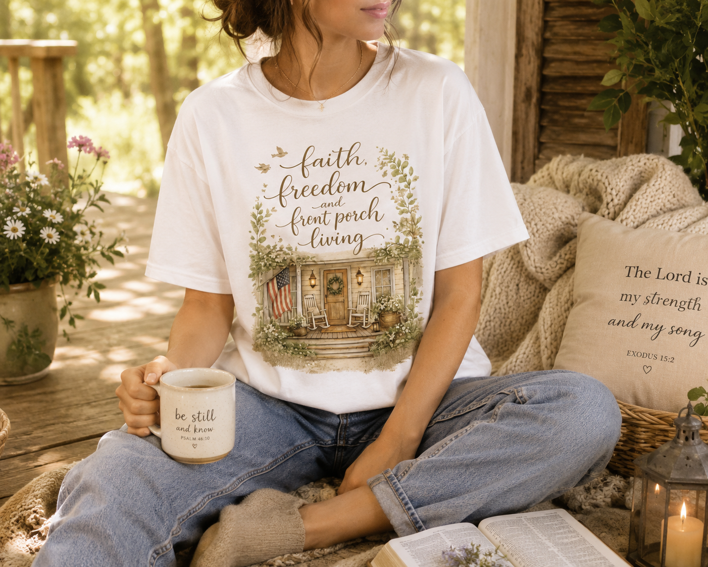 Faith, Freedom & Front Porch Living T-Shirt — Cozy Farmhouse Cottage Tee