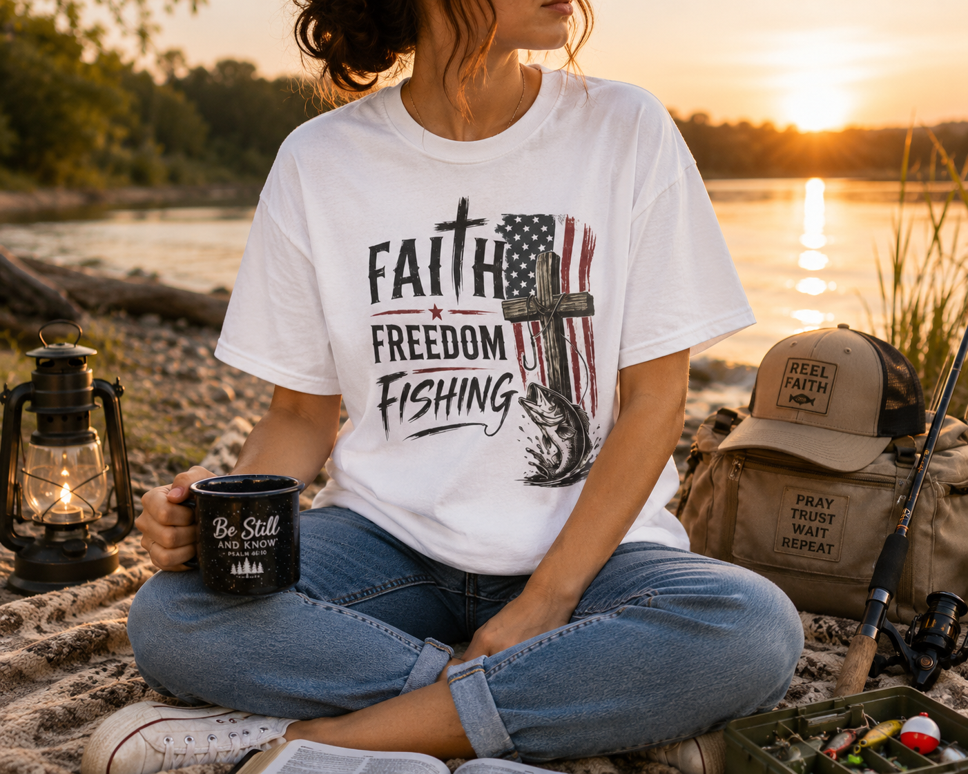 Faith & Freedom T-Shirt — American Flag Cross Fishing Graphic