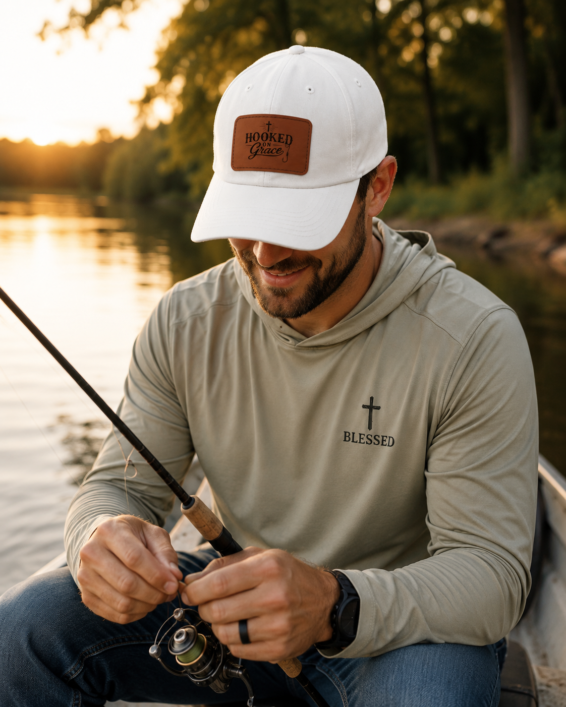 Hooked on Grace Leather Patch Dad Hat — Fishing Faith Embroidered Cap