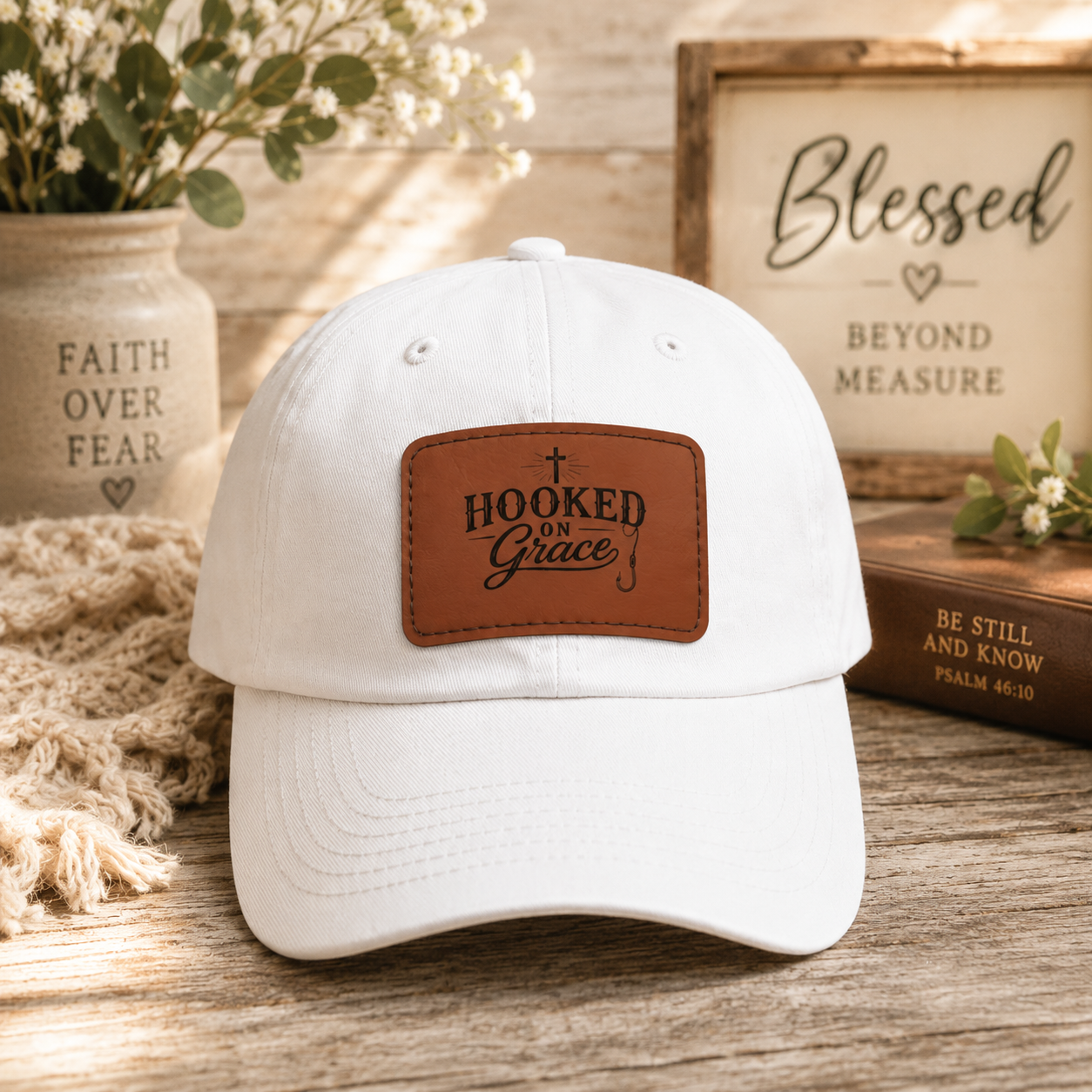 Hooked on Grace Leather Patch Dad Hat — Fishing Faith Embroidered Cap