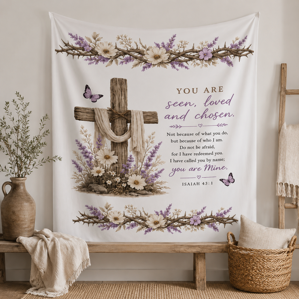 Christian Cross Wall Tapestry - "You Are Seen, Loved and Chosen" Inspirational Decor (Isaiah 43:1)