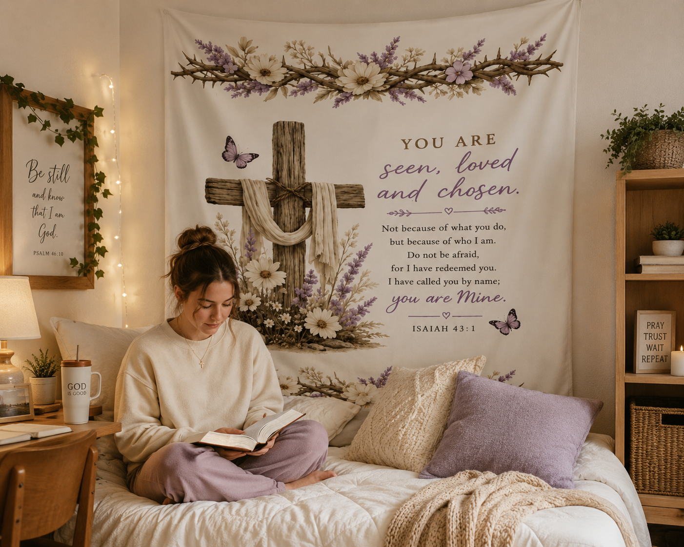 Christian Cross Wall Tapestry - "You Are Seen, Loved and Chosen" Inspirational Decor (Isaiah 43:1)