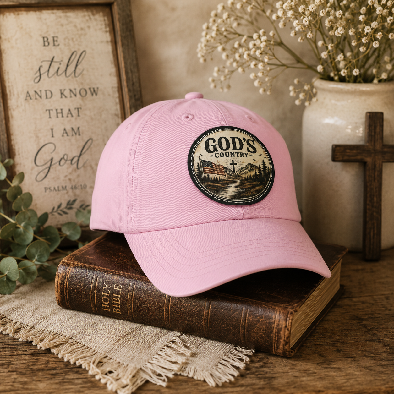 God's Country Leather Patch Dad Hat — Rustic Christian Outdoor Cap