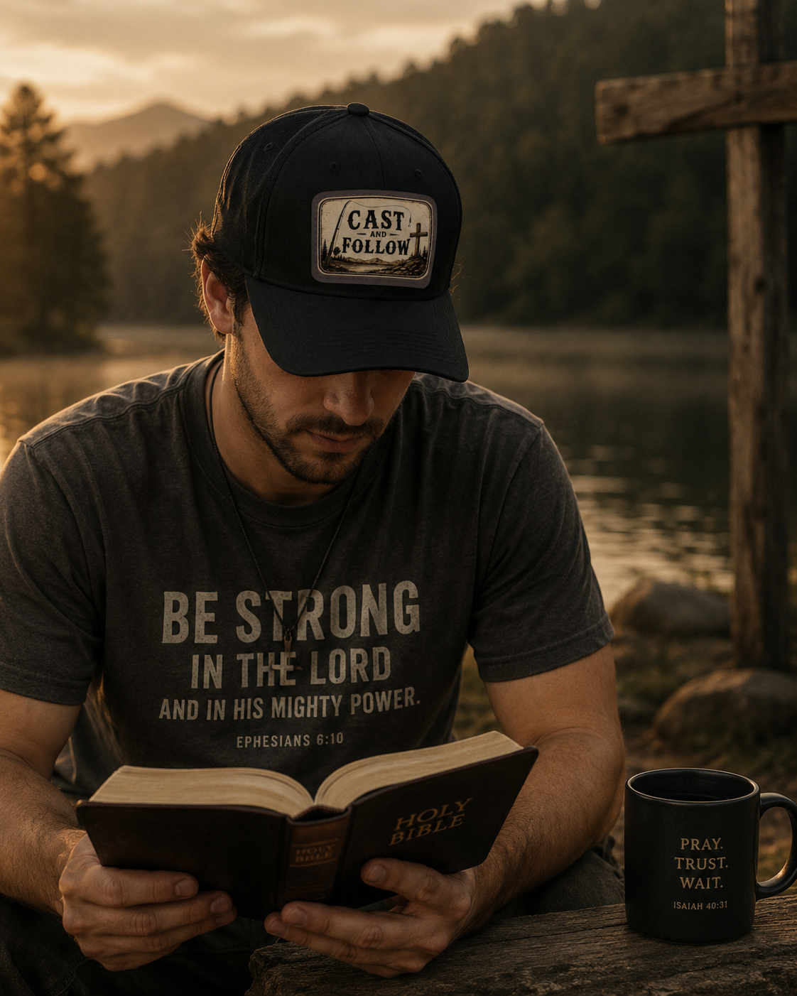 Cast and Follow Leather Patch Dad Hat — Fishing & Faith Baseball Cap