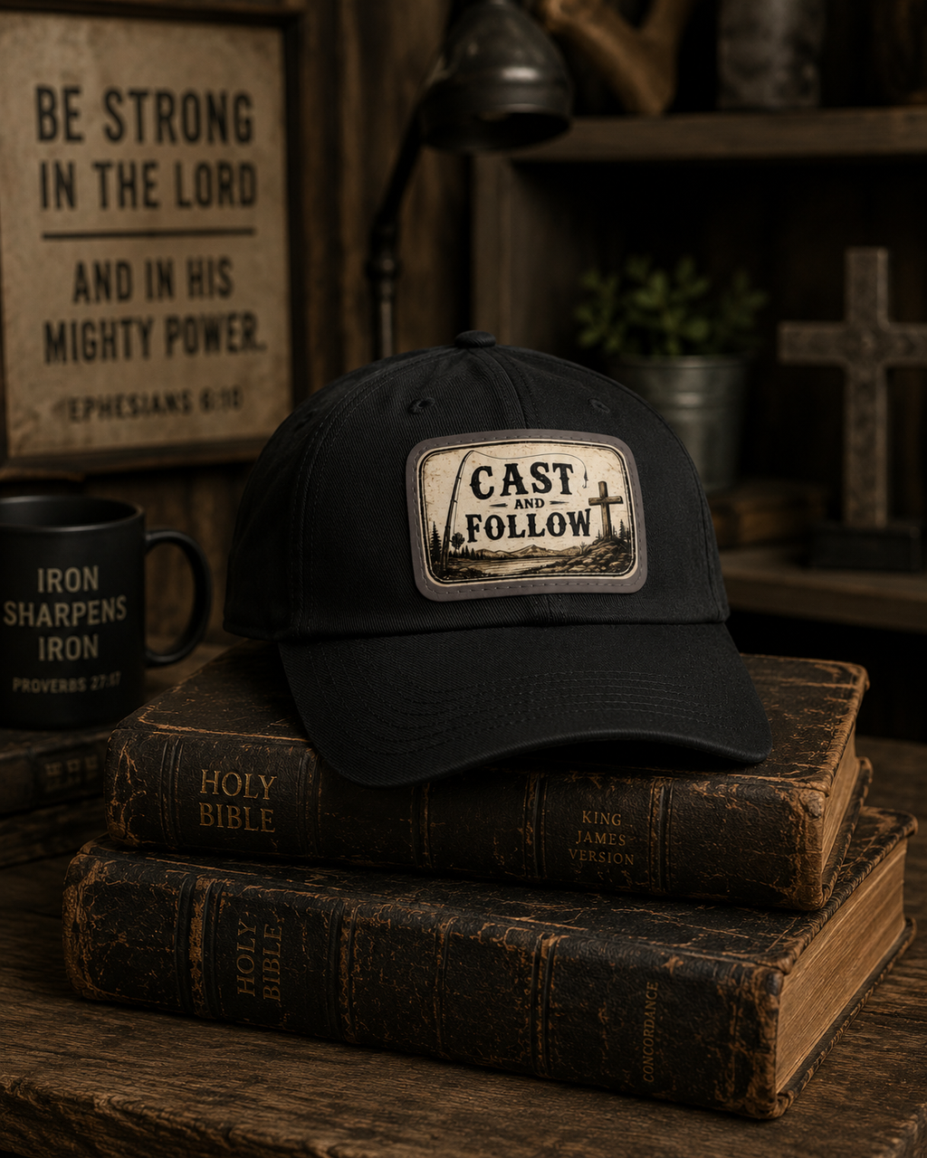 Cast and Follow Leather Patch Dad Hat — Fishing & Faith Baseball Cap
