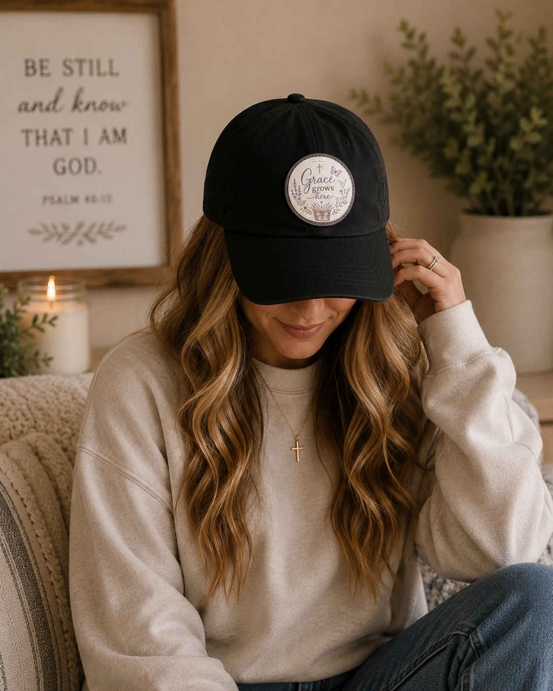 Grace Grows Here Dad Hat — Embroidered Round Leather Patch Christian Baseball Cap