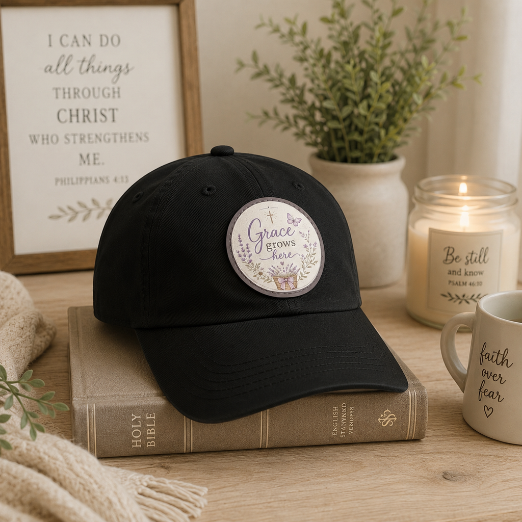 Grace Grows Here Dad Hat — Embroidered Round Leather Patch Christian Baseball Cap