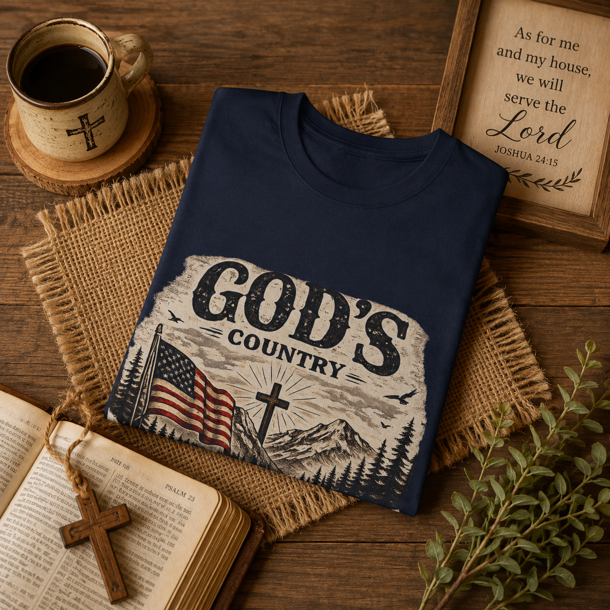God's Country T-Shirt — American Flag, Cross & Rustic Mountain Vintage Graphic Tee