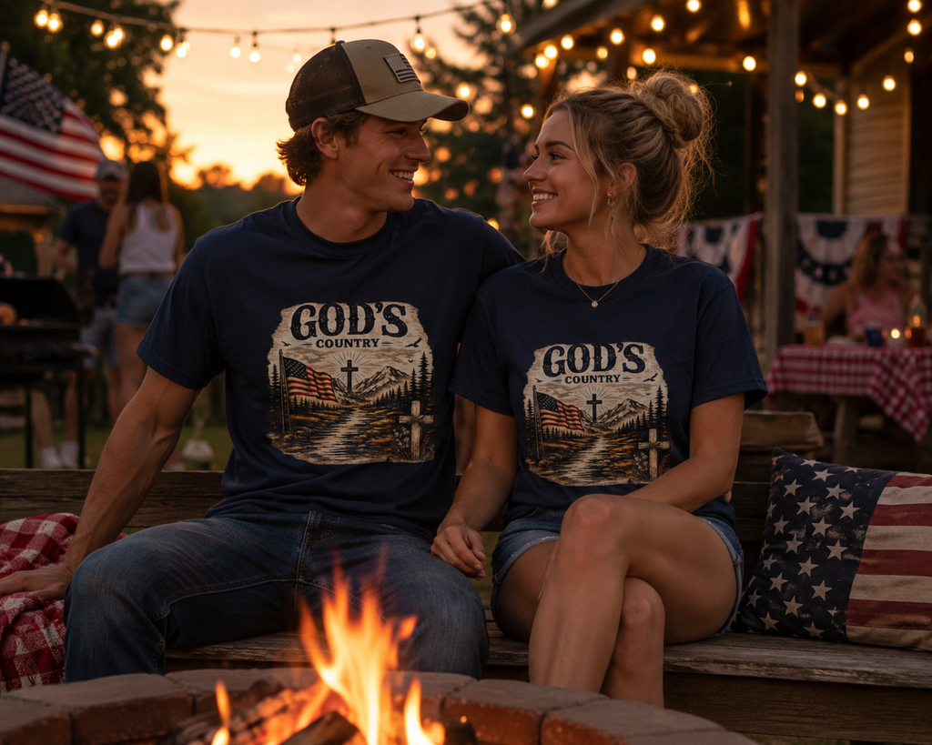 God's Country T-Shirt — American Flag, Cross & Rustic Mountain Vintage Graphic Tee