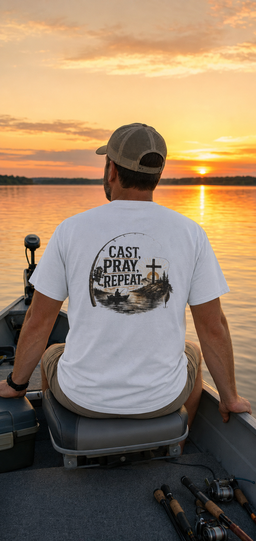 Fishing T‑Shirt — "Cast. Pray. Repeat." Christian Fishing Tee