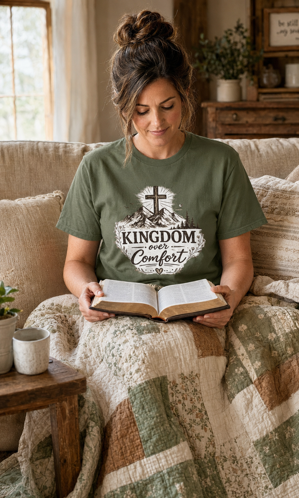 Kingdom Over Comfort Christian T-Shirt – Faith Cross Mountain Graphic