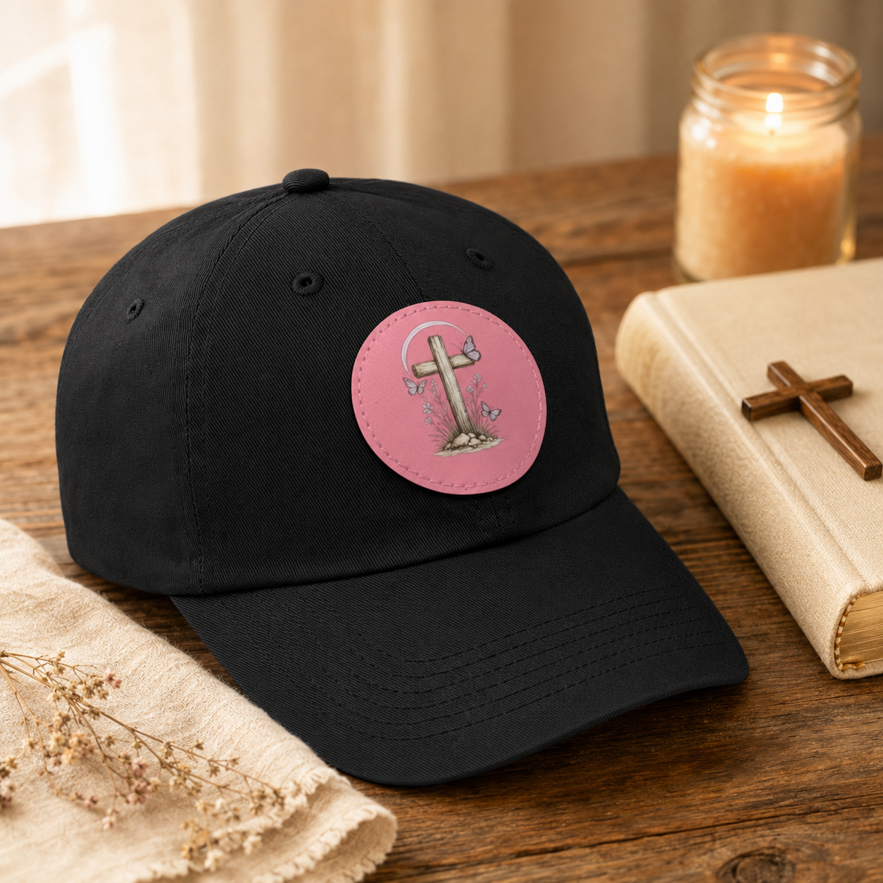 Dad Hat — Round Leather Patch Cross & Flowers Embroidered Design
