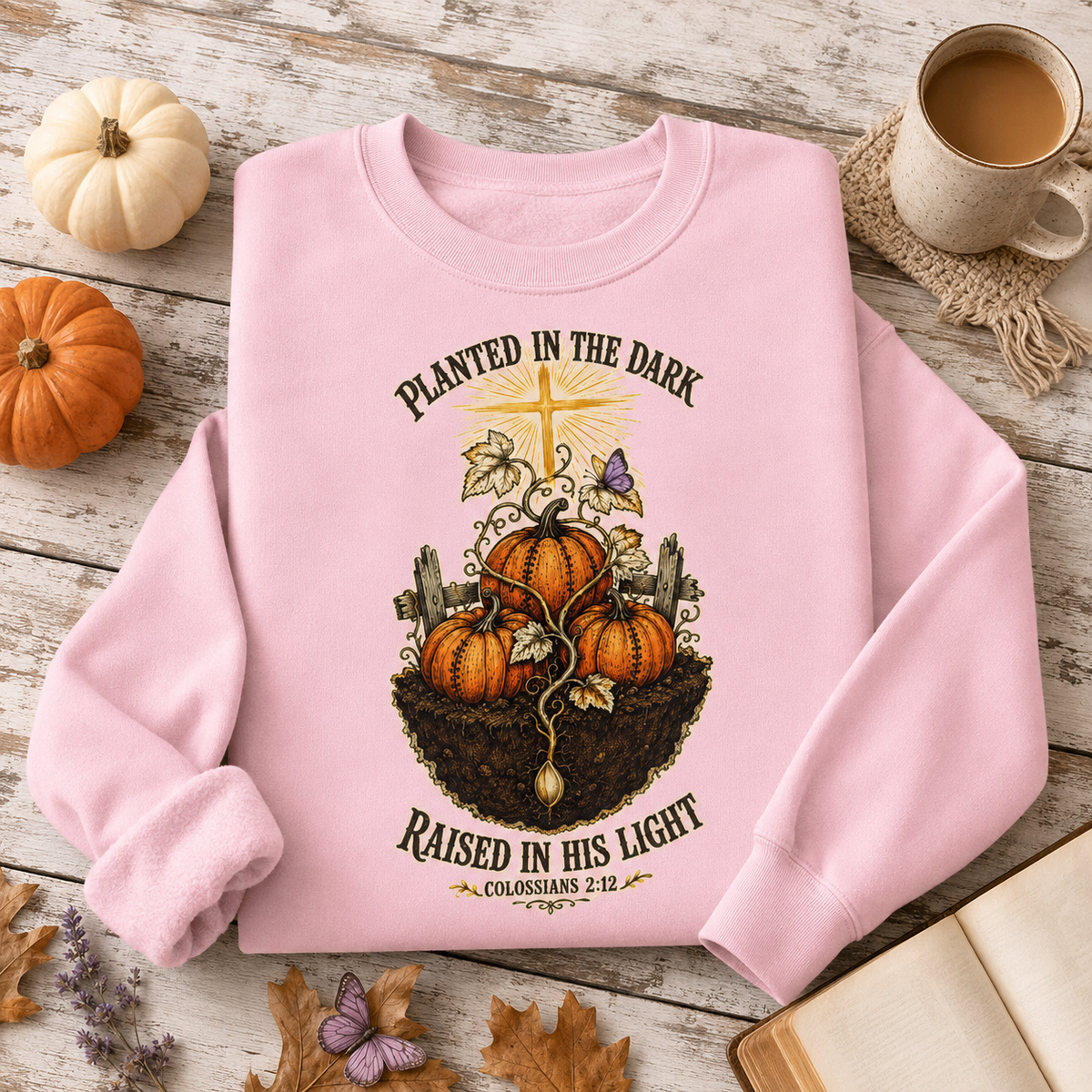 Autumn Pumpkin Crewneck Sweatshirt — "Planted in the Dark, Raised in His Light" Fall Christian Pullover