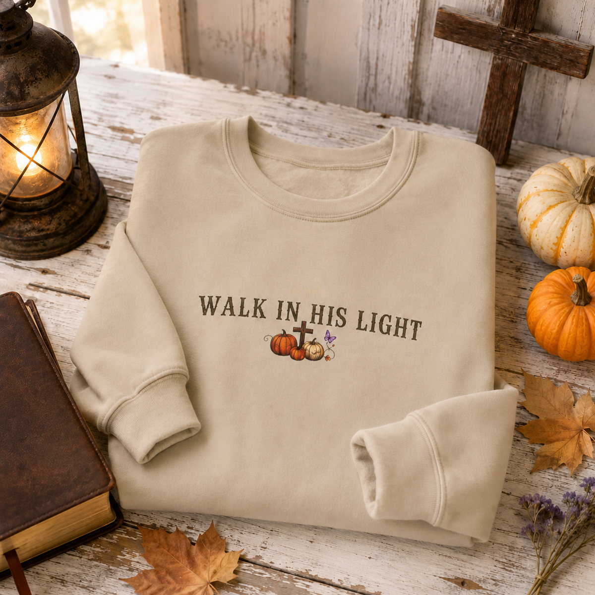 Walk in His Light Crewneck Sweatshirt — Christian Lantern & Pumpkin Faith Pullover