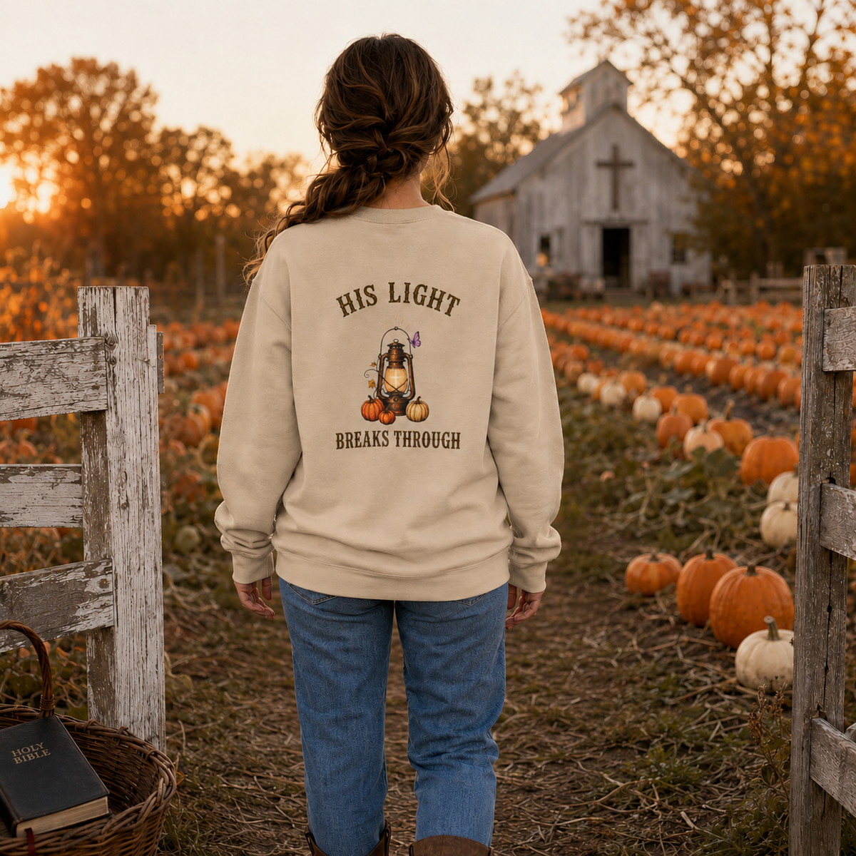 Walk in His Light Crewneck Sweatshirt — Christian Lantern & Pumpkin Faith Pullover