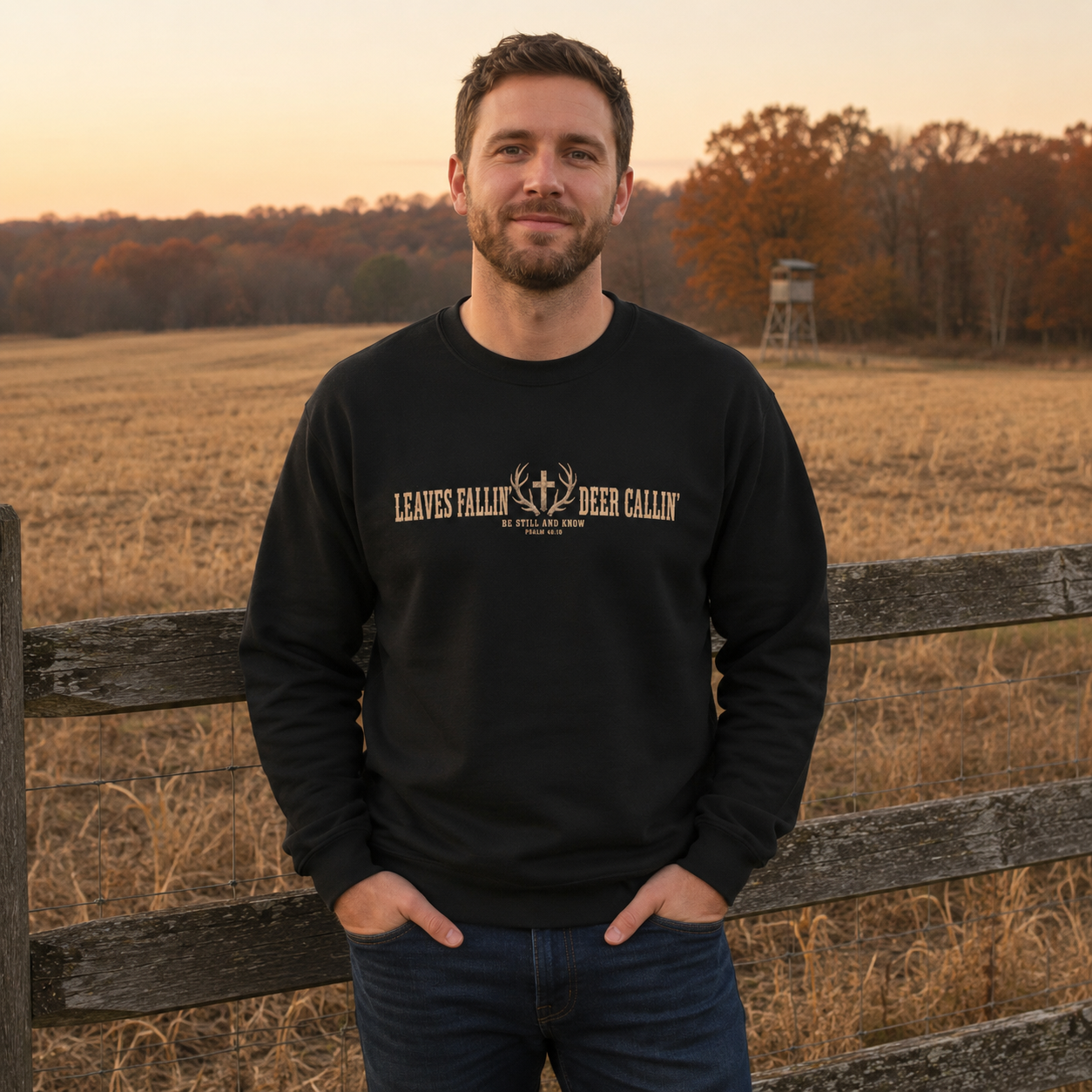 Crewneck Sweatshirt — "Leaves Fallin' & Deer Callin'" Rustic Hunting Graphic