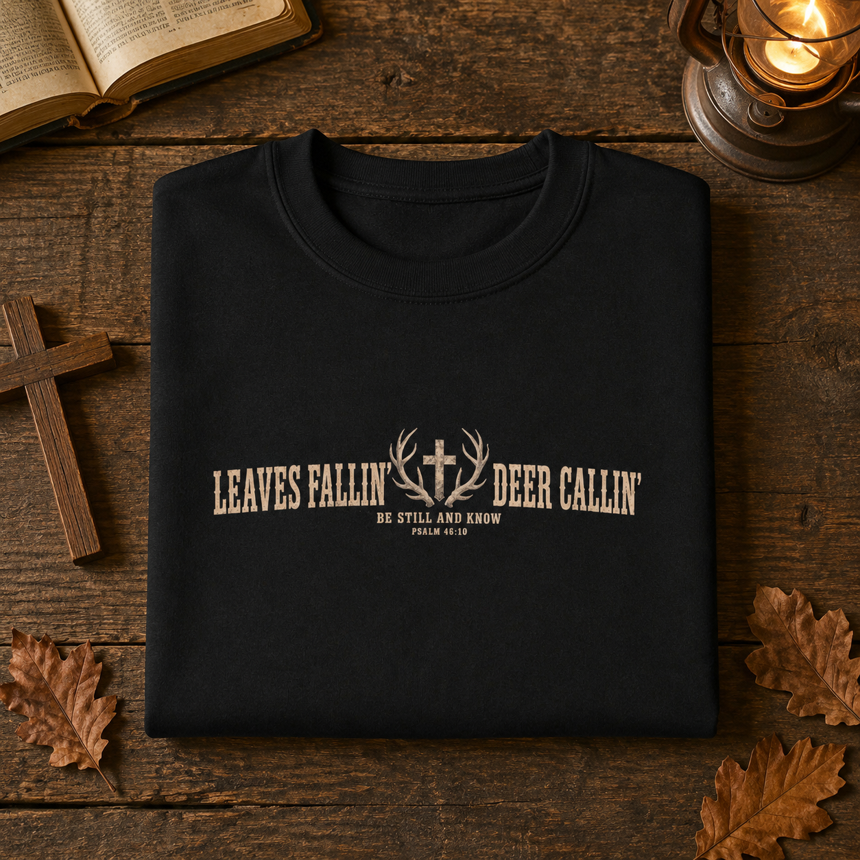 Crewneck Sweatshirt — "Leaves Fallin' & Deer Callin'" Rustic Hunting Graphic