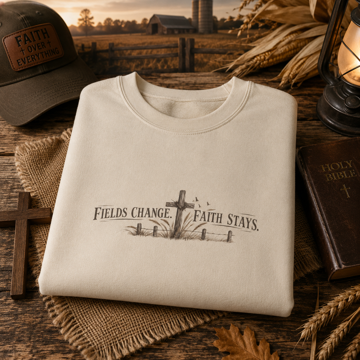 Faith Keepsakes Crewneck Sweatshirt — "Fields Change, Faith Stays" Christian Pullover