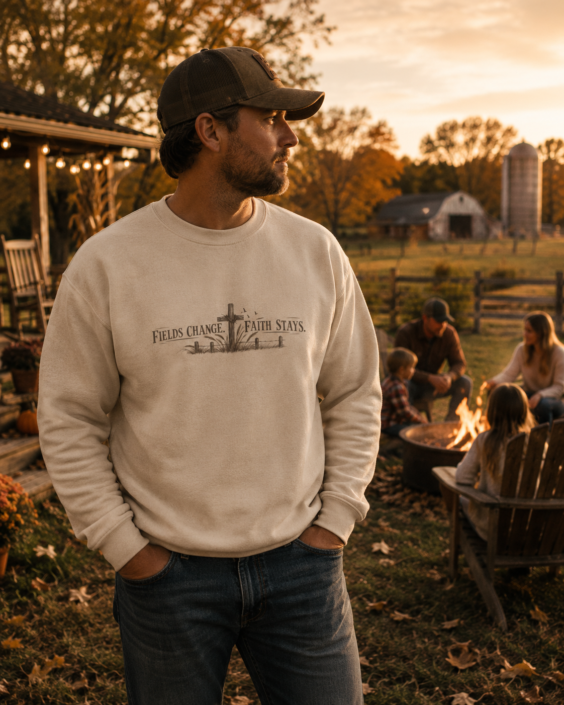 Faith Keepsakes Crewneck Sweatshirt — "Fields Change, Faith Stays" Christian Pullover