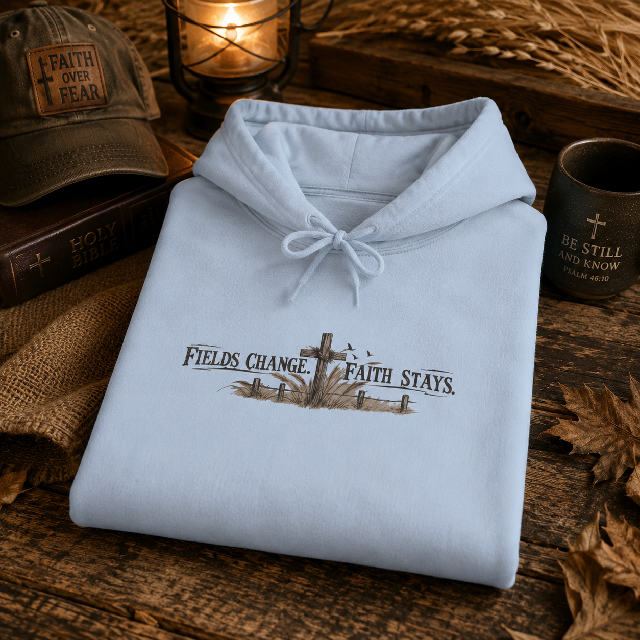 Faith Farm Hoodie — "Fields Change, Faith Stays" Cross Design