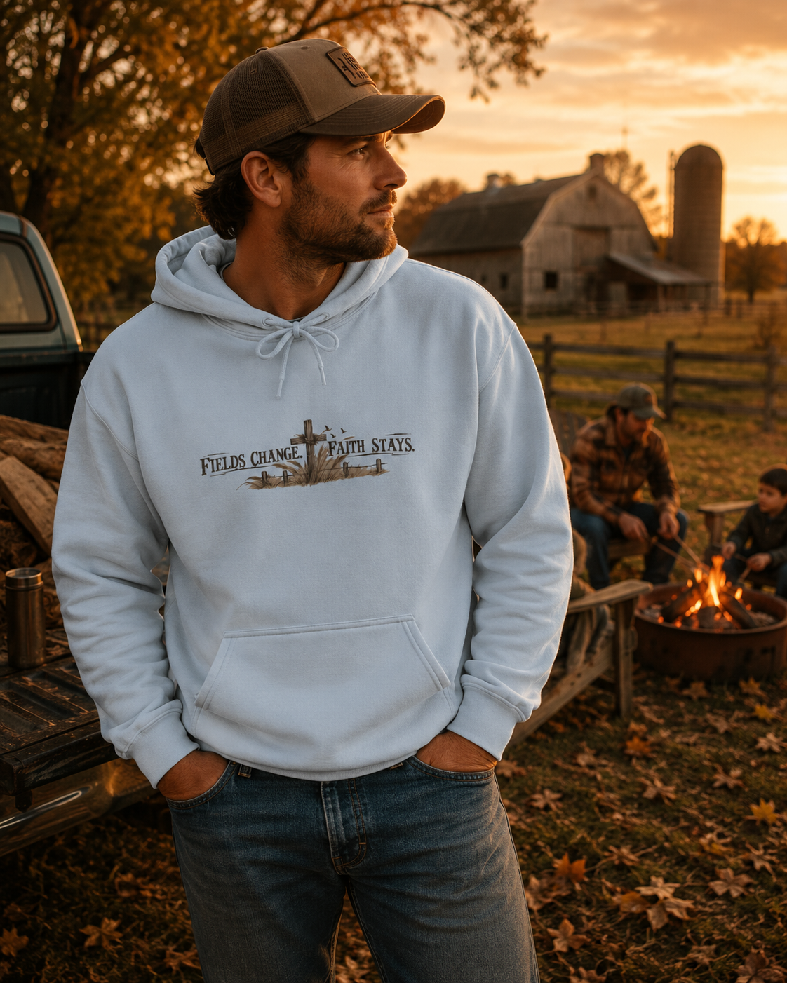 Faith Farm Hoodie — "Fields Change, Faith Stays" Cross Design