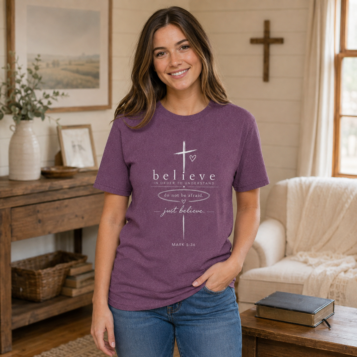 Believe Cross T-Shirt — Inspirational Christian Faith Tee ("believe")