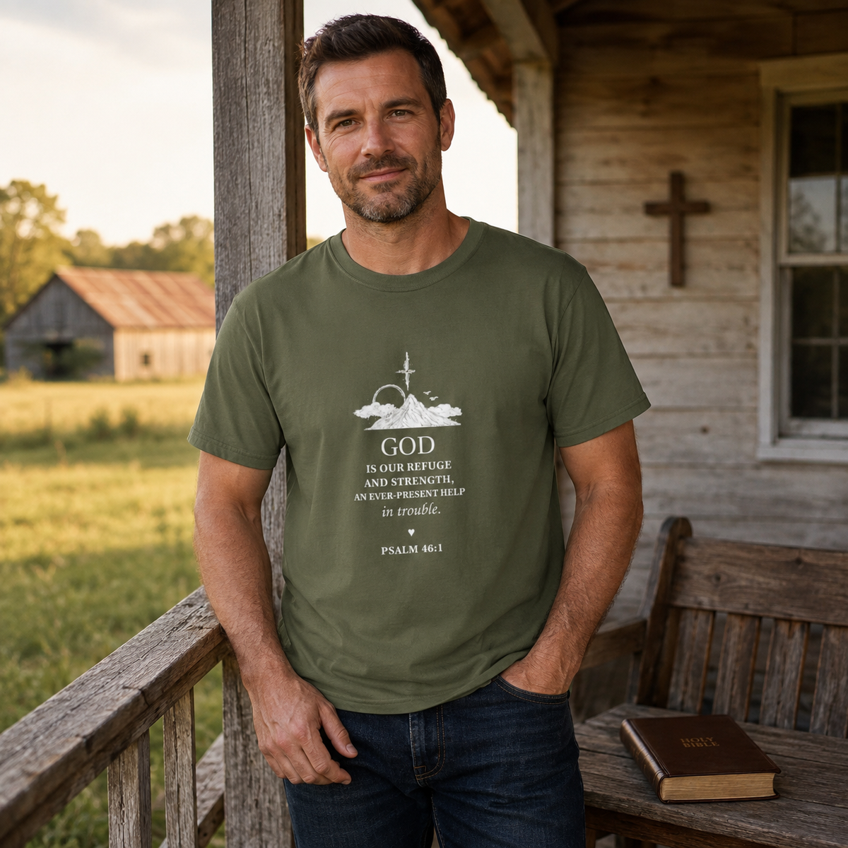 God Psalm 46:1 T-Shirt — Faith-Based Christian Tee with Cross & Mountain Design