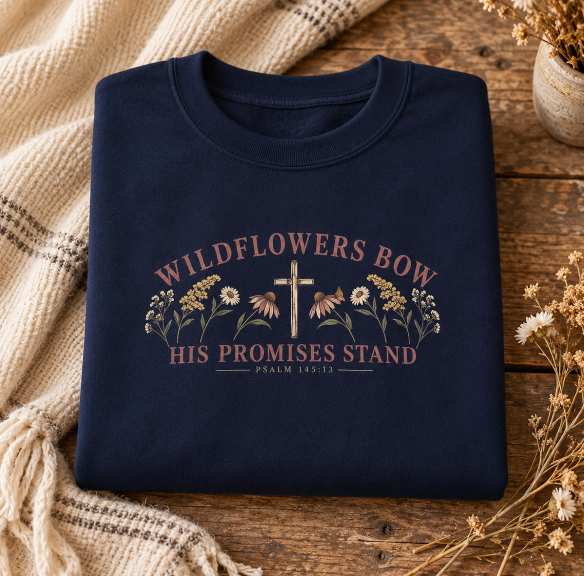 Wildflowers Bow Crewneck Sweatshirt — "His Promises Stand" Christian Floral Pullover