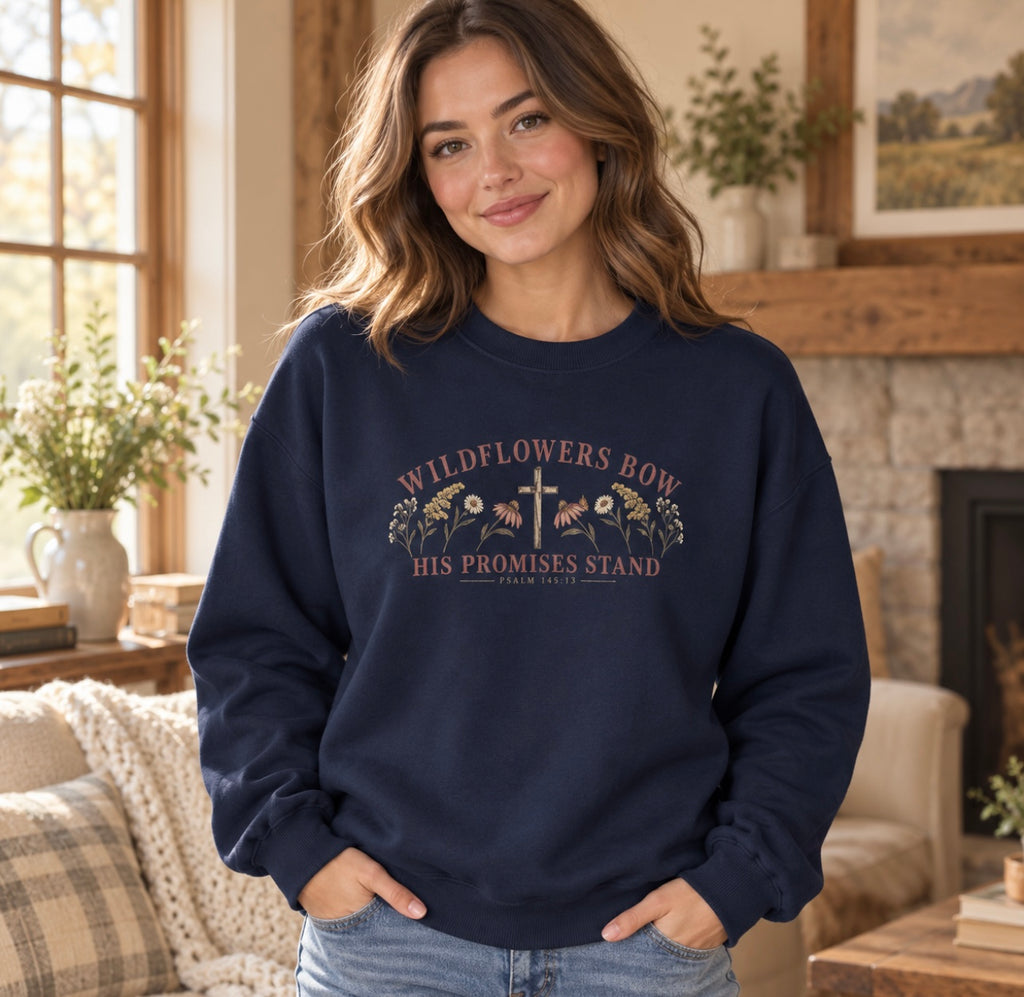 Wildflowers Bow Crewneck Sweatshirt — "His Promises Stand" Christian Floral Pullover