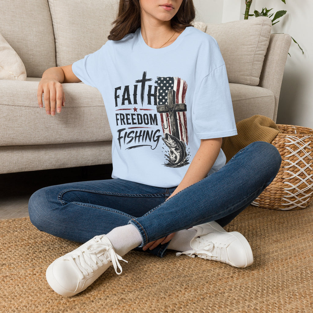 Faith & Freedom T-Shirt — American Flag Cross Fishing Graphic
